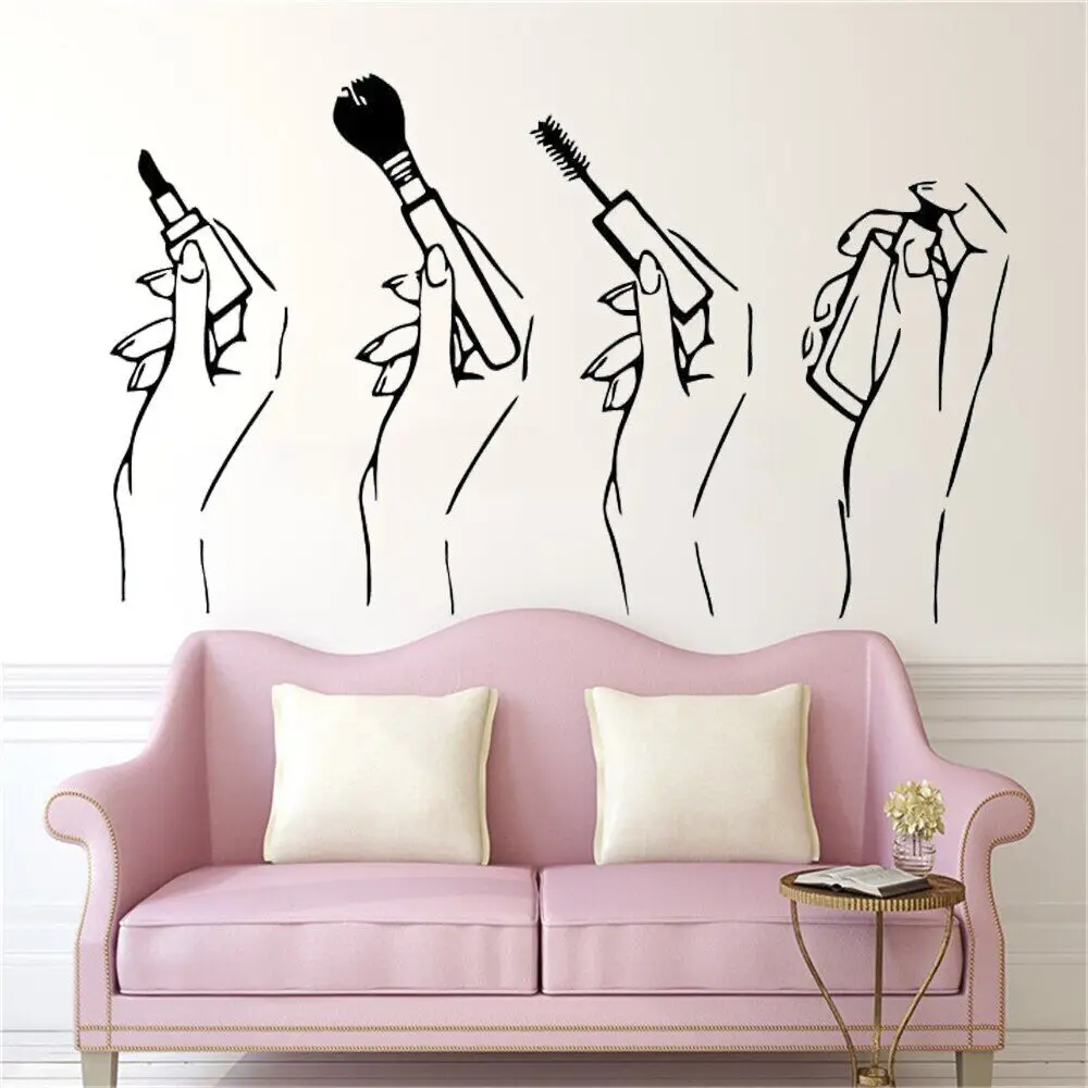 

Women Hands Make Up Wall Stickers Vinyl Lipstick Makeup Brush Mascara Perfume Beauty Salon Shop Decals Girls Room Decor DW21083
