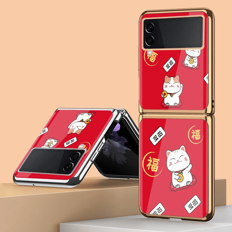 

Флип-чехол Z 3, чехол для Samsung Galaxy Z, флип 3 Z, флип 2, флип-чехол с благословением, милый счастливый кот, покрытый закаленным стеклом, чехол для те...