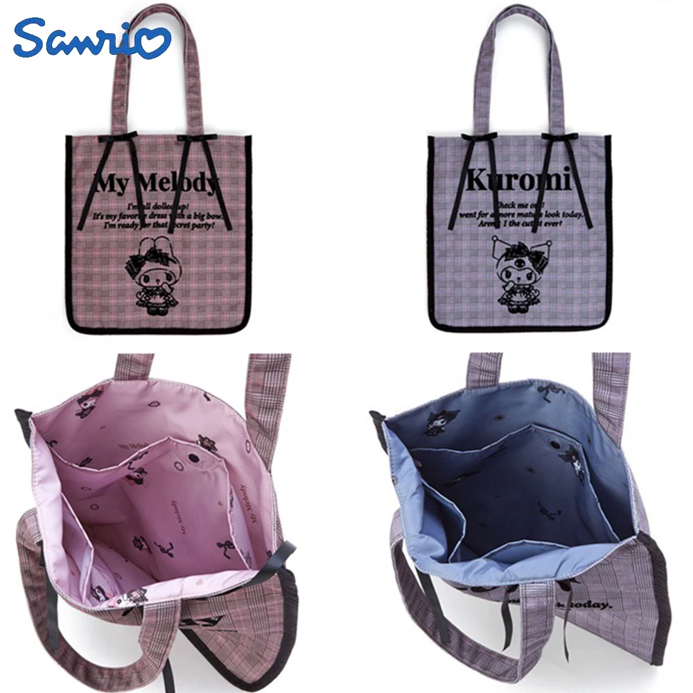

Kawaii Cartoon Sanrio Kuromi Canvas Bag Handbag Carrying Checkered Pattern Stamp Phone Headphone Lipstick Storage Bag Girls Gift
