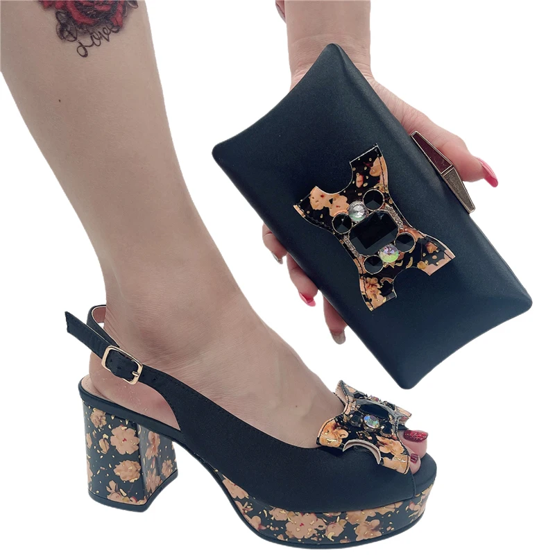 2023 African Women's Evening Shoe for the Wedding Fashion Platform Pump Block Heel Comfortable Party Women Shoes and Bags Set