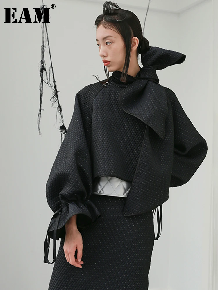 

[EAM] Свободная черная короткая куртка с асимметричным бантом и оборками, Новое Женское пальто с отворотом и длинным рукавом, модное осенне-зимнее 2023 1DD2168