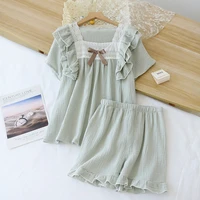 japanese summer new short sleeved shorts ladies pajamas set 100 cotton crepe solid color fresh home clothes two piece set
