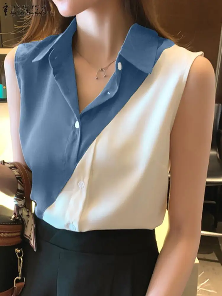 

ZANZEA Summer Office Lady Blouse Women Elegant Sleeveless Tanks Tops Fashion Lapel Neck Patchwork OL Shirt Casual Buttons Blusas
