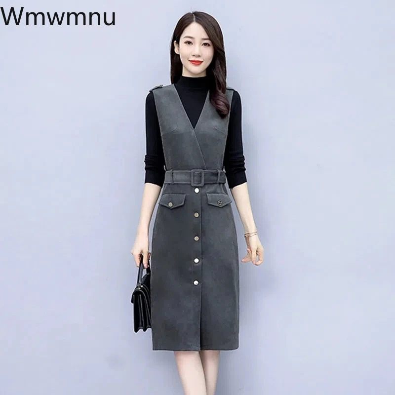 

Vest Dress 2 Piece Set Office Lady Casual Women Oufits Korean Sleeveless Tank Dresses And Knitted Sweater Suit Vestidos Feminino