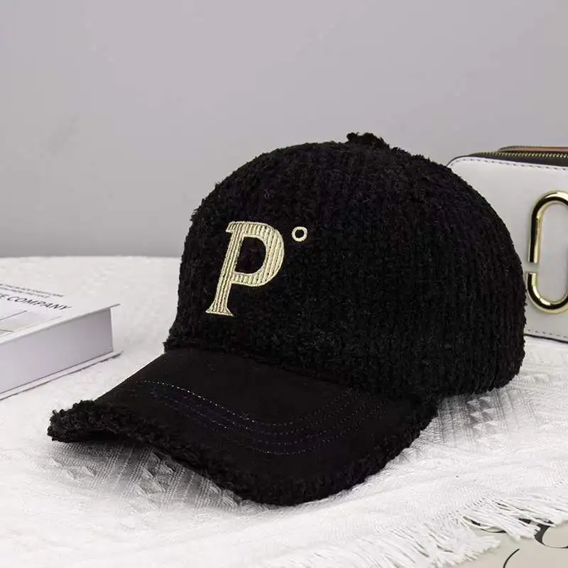 

P Letter Wool Blended Cap Ins Tide Brand Female Autumn and Winter All-match Plush Hat Suitable for Face Big Baseball Caps