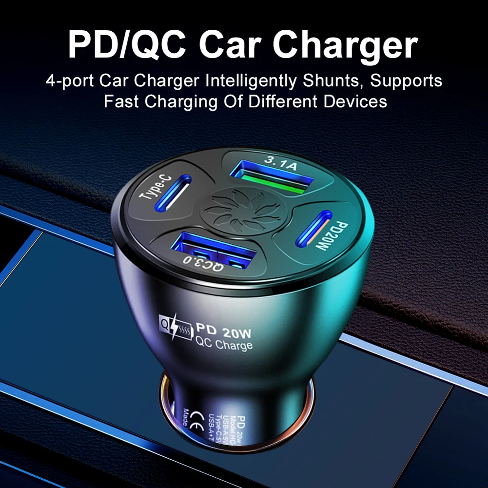 

20W 4-Port Car Charger For Phone Fast Charge PD Type C USB Adapter PD+QC3.0 3.1A 2USB Multi-Device Intelligently Fast Charge