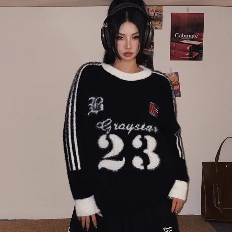 Модный американский стиль жаккардовый ангорский свитер с круглым вырезом для