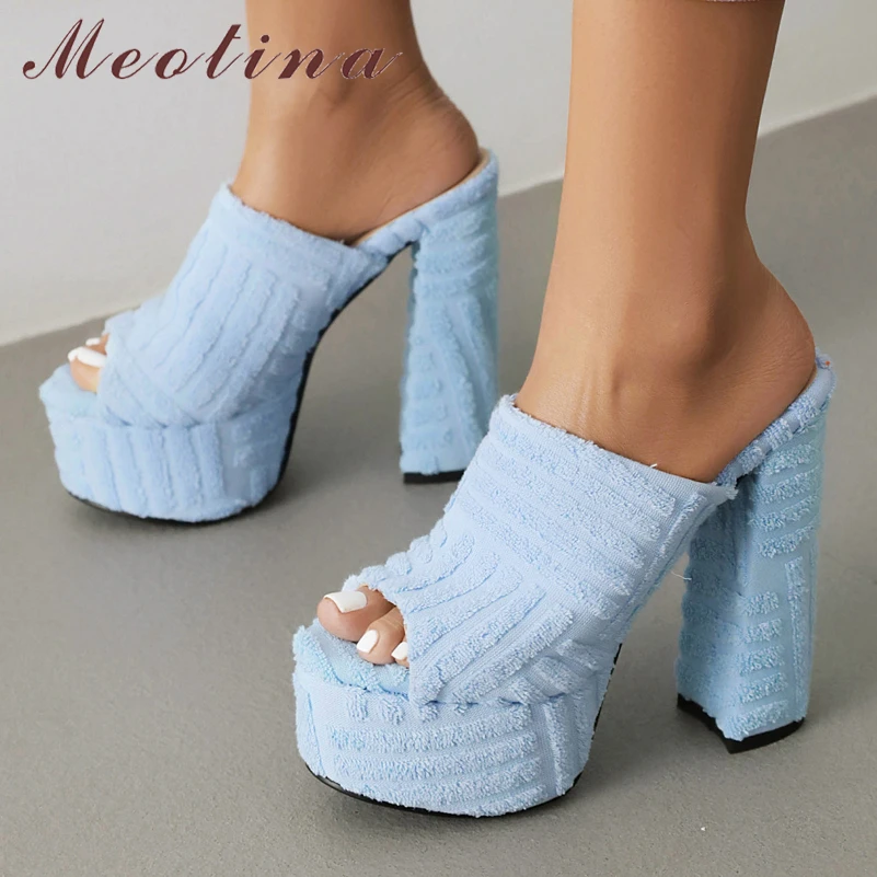 

Meotina Women Slides Peep Toe Platform Chunky High Heels Slippers Ladies Concise Design Party Shoes Summer Autumn Green 43