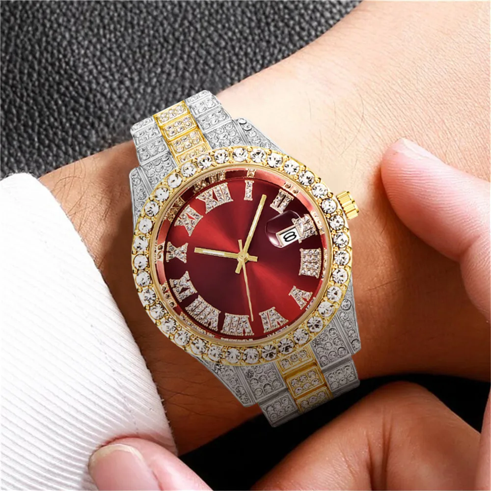 

Luxury Famous Brand Men Business Stainless Steel Diamond Calendar Roman Digital Wrist Watch Hip Hop Quartz Wristwatches For Men