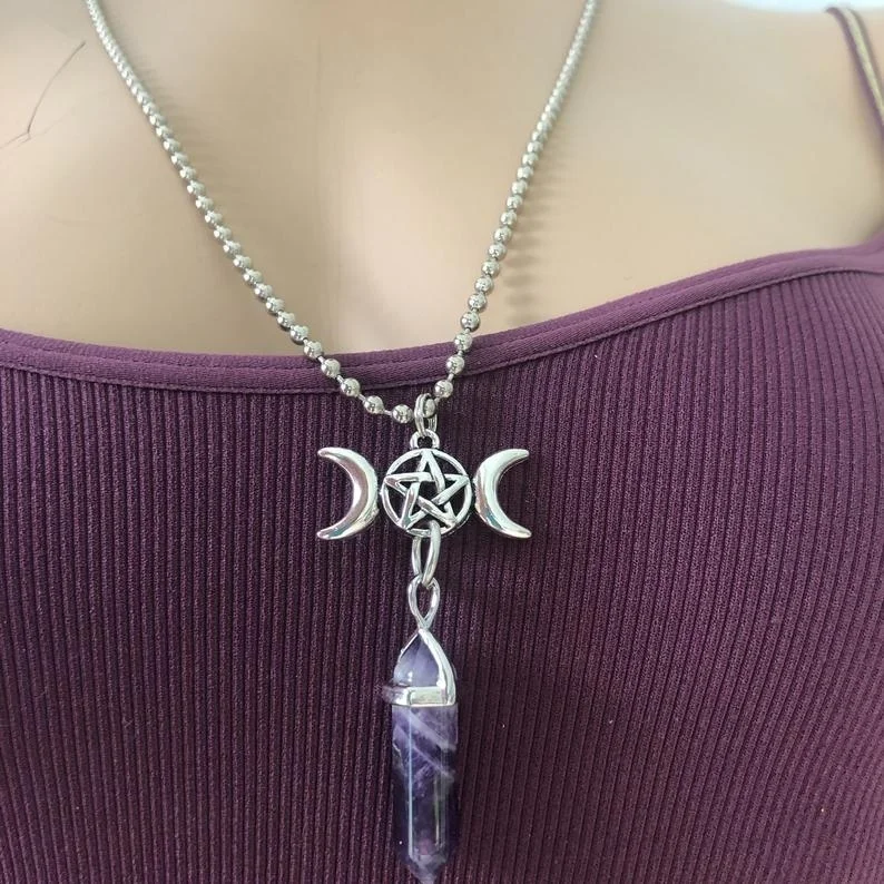 2020 New Hot Sale Fashion Trend Jewelry Amethyst Pendant Necklace Star Moon Pendant Necklace
