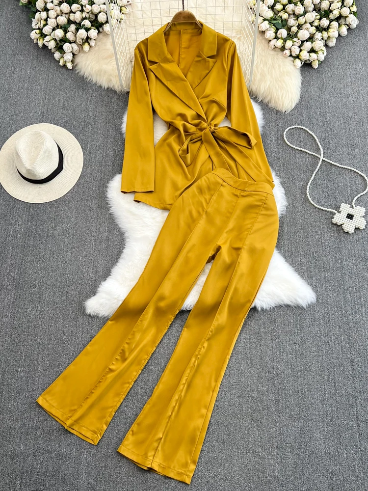 

Office Ladies Two Piece Set Autumn Yellow/Red/Green Notched Collar Long Sleeve Tops + High Waist Casual Wide Leg Pants Suit OL