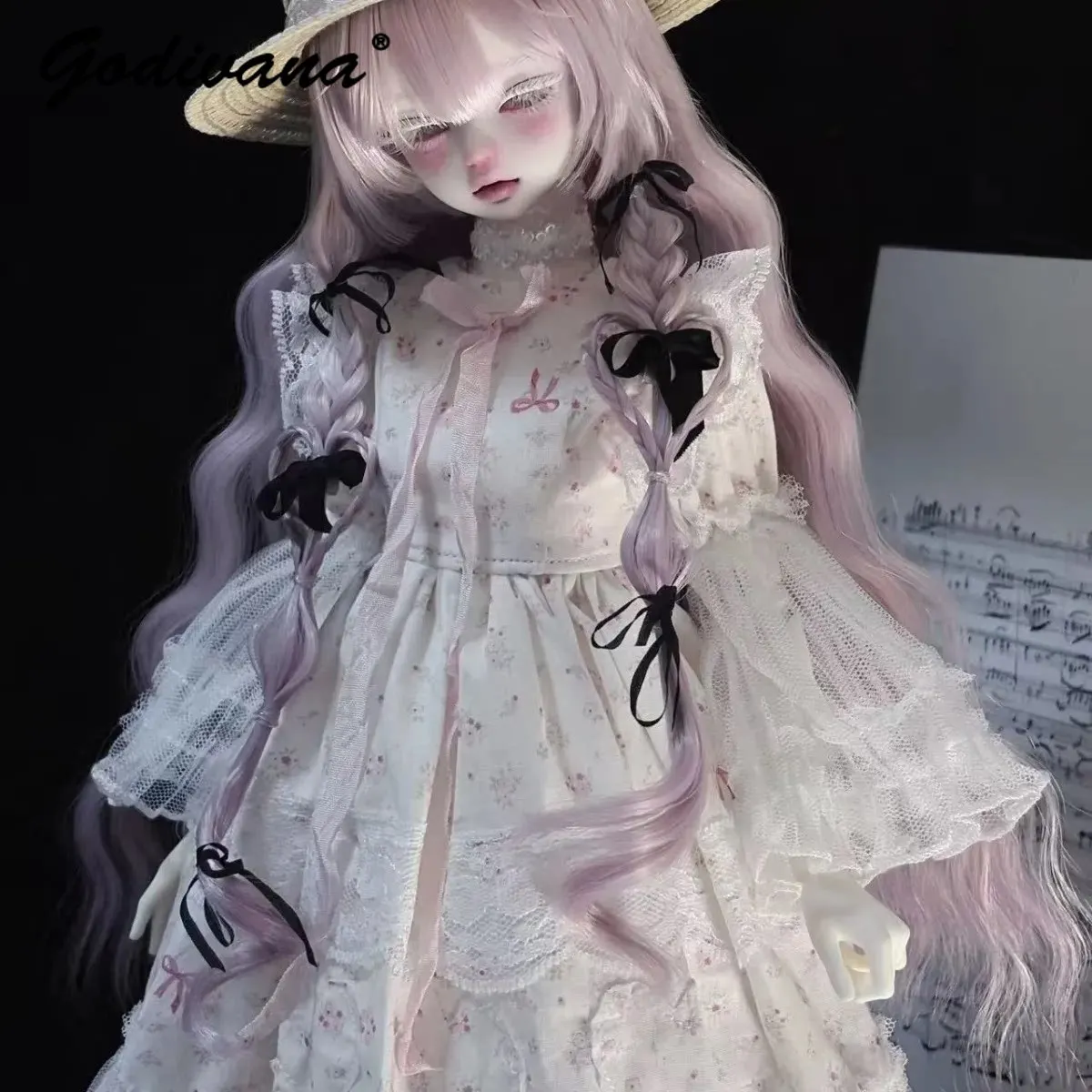 Наряд для куклы BJD 14: милое платье в стиле лолита с цветочным кружевом, пышными рукавами и рюшами, с соломенной шляпой, одежда для кукол с телом Nannan. (art.: 3920dcfc3e751) - 3920dcfc3e751