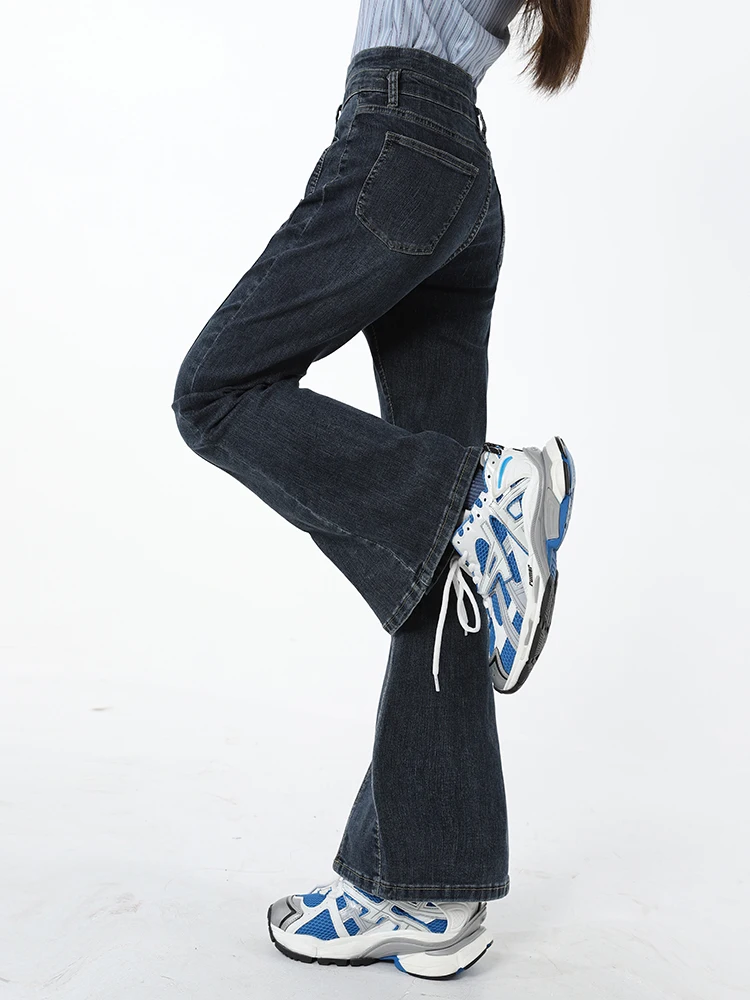 

Женские джинсовые брюки-клеш Y2K с высокой талией, ярко-синие облегающие брюки с разрезом в корейском ретро-стиле на весну и зиму