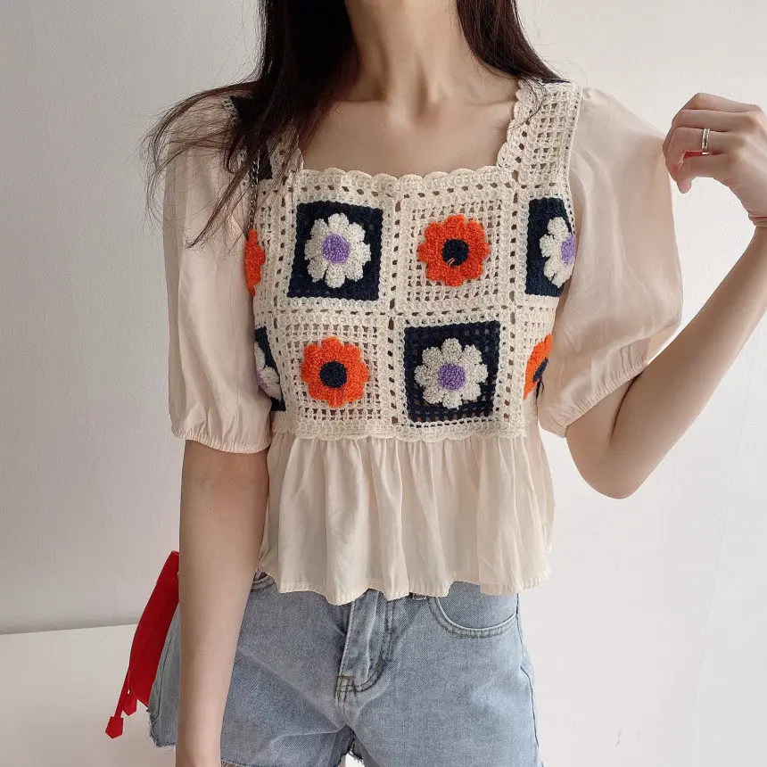 Симпатичные шифоновые блузки с цветочной вышивкой и кружевом в стиле пэчворк