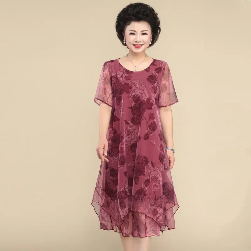 

Summer New Floral Net Yarn Ladies Dresses Round Neck Short Sleeve Loose Irregular Midi Dress Vintage Fashion Women Clothing
