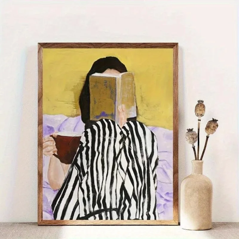 Фото Абстрактная женщина читает книги и напитки, кофе, принты на холсте, зеленые полосы, женский настенный художественный постер для современной гостиной, домашний декор №2