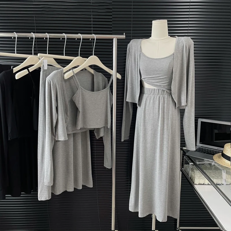 

2022 Thin Suspenders Sunscreen Cardigan High Waist Skirt Three-piece Set Comfortable and Casual Slim Gray Black Midi Dress Women