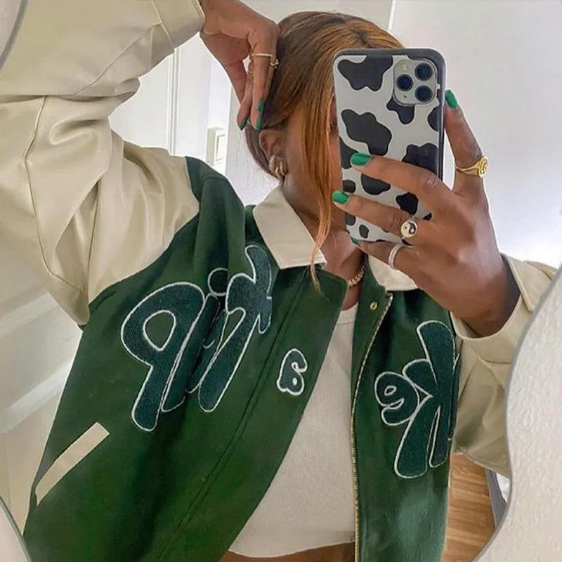 

2022 New Autumn TAKE A TRIP Bomber Jacket Women Grass Green Contrast Sleeve Bomber Jacket with Letter Applique Baseball Jacket