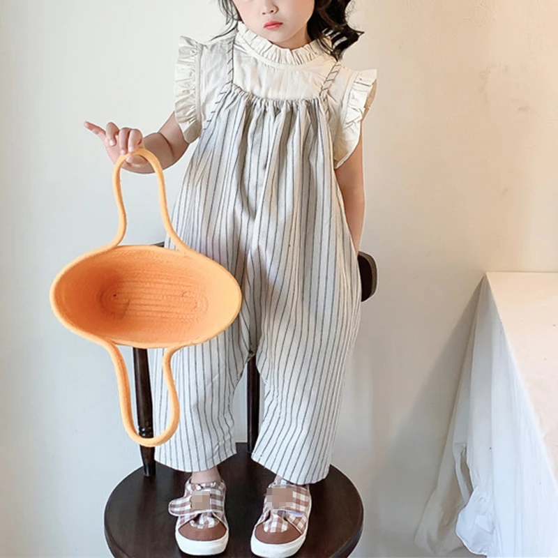 Criscky Girls Summer Fashion Clothes Set 2 PCS Suit Solid Ruffles Tank Tops +Striped Overalls Sets Girls Clothes Casual Wear