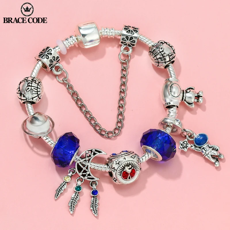

BRACE CODE European Pop Astronaut and Dream Pendant Brand Women's Bracelet DIY Blue Faceted Beads Exquisite Women Bracelet Gift