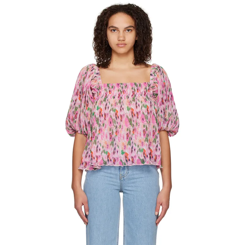 

Женская шифоновая рубашка с цветочным принтом, блузка с коротким рукавом-фонариком и квадратным вырезом, с открытыми плечами, мягкая блузка, новинка весны 2023