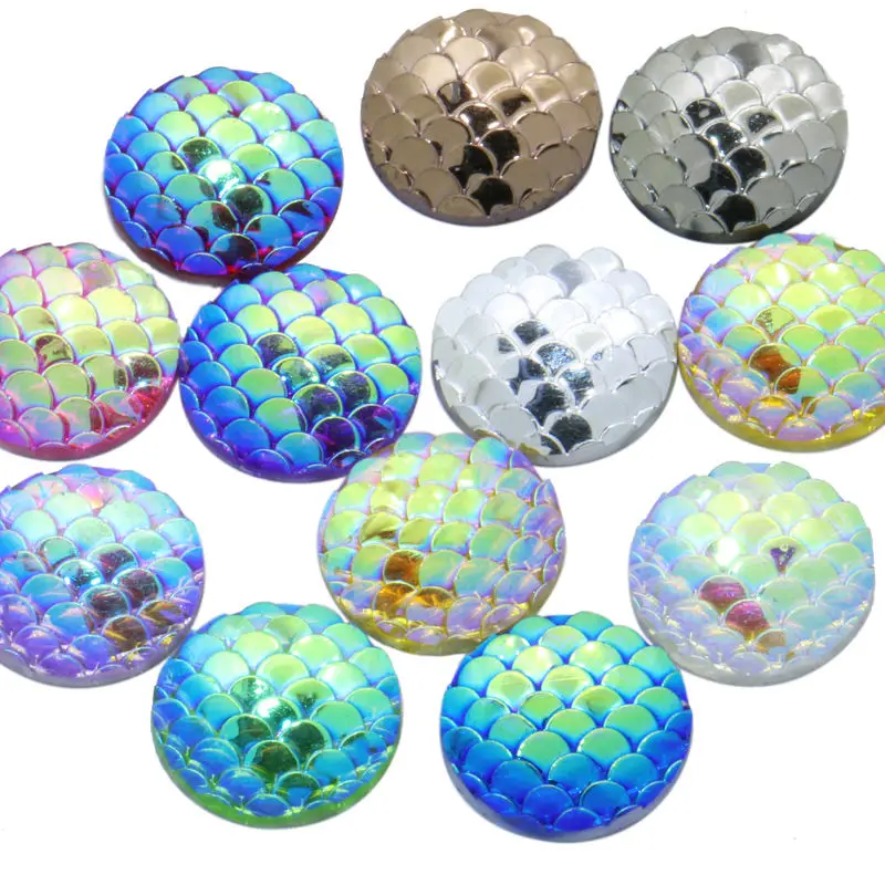 

30pcs 12mm Fish Scale Resin AB Colorful Round Cabochon&Dome Cover Pendant Cameo Settings,Diy Accessories