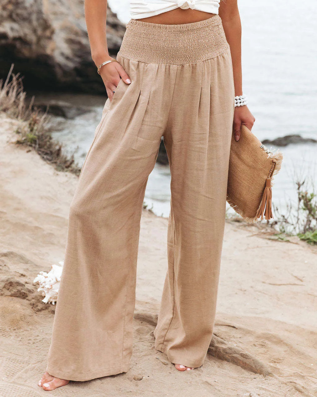 

women's solid color leisure high waist cotton hemp wide leg pants