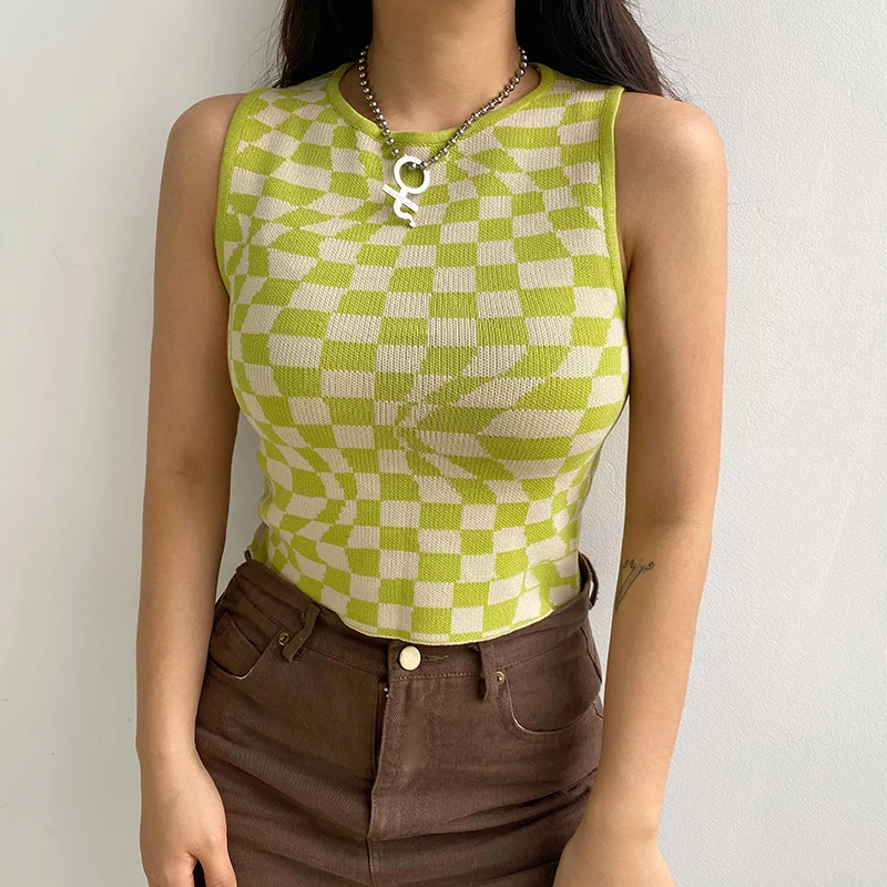 

Y2k Plaid Printed Knitted Tank Tops Summer Women Cute Harajuku Crop Tee 2021 E Girl Green Streetwear Kawaii Aesthetic Clothing