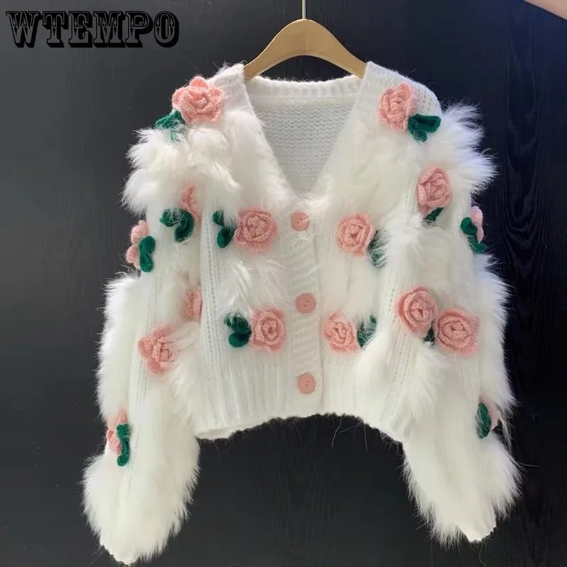 

WTEMPO Women's Fashion Sweet Faux Fox Fur Short Knitted Coat Autumn Ladies Elegant Rose Flower Fur Knitted Sweater Cardigan