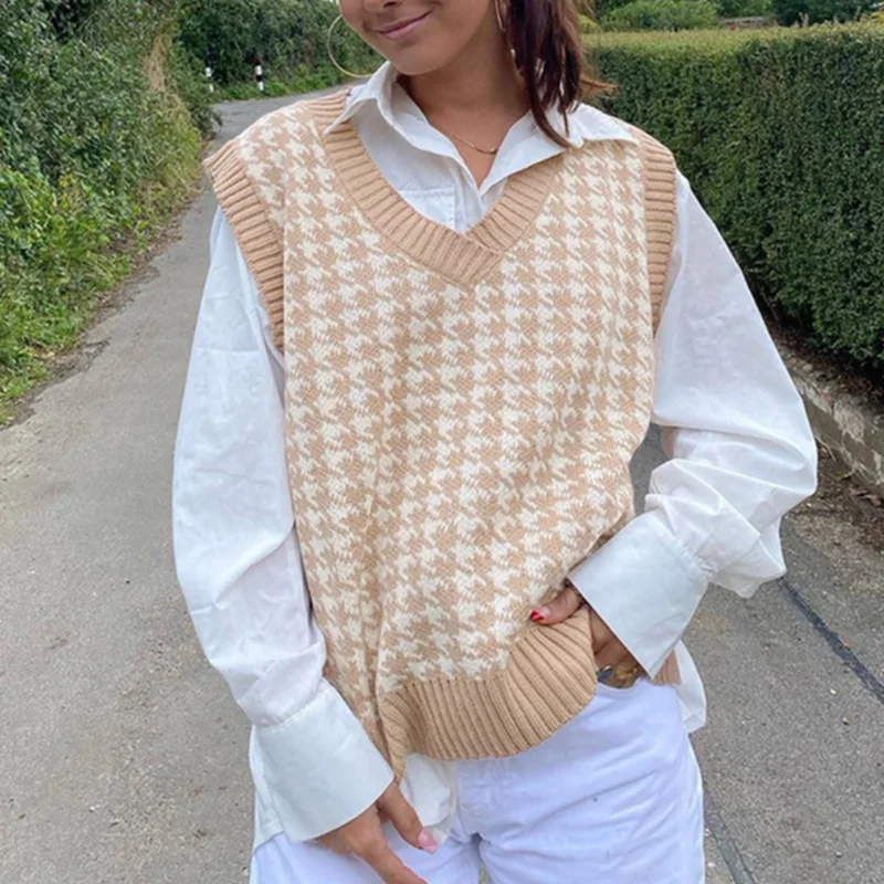 

Houndstooth Argyle Sweater Vest Preppy Style V Neck Sleeveless Sweater Vests Knitted 2022 Jumper Oversized Waistcoat Tops Y2k