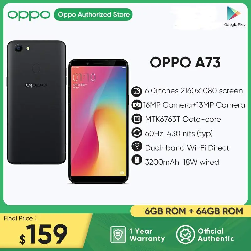 

Original Oppo A73 4G LTE Mobile Phone MTK6763T Android 7.1 6.0" 2160x1080 4GB RAM 64GB ROM 16.0MP Fingerprint Dual Sim Octa Core