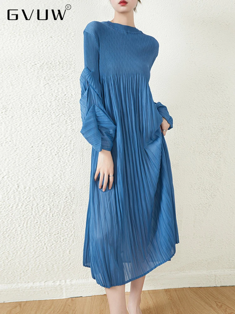 

Роскошное Плиссированное праздничное платье GVUW, Женская однотонная свободная летняя трендовая Женская одежда с длинным рукавом и круглым ...