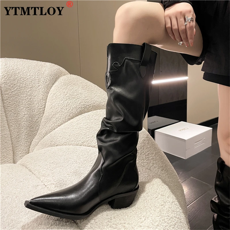 

Autumn New Women'S Style Pointed Toe Fold Thin Boots Thick Heel High Heel Boots Cowboy Boots for Women High Heels Knee-High