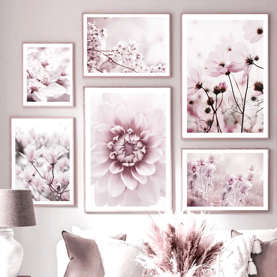 

Скандинавские розовые цветы, вишня, далия, магнолия, плакаты и принты, настенная живопись на холсте, настенные картины, гостиная, домашний де...