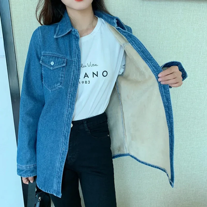 

Plus Velvet Denim Jacket Classic Basic Single-breasted Thick Warm Outwear Autumn Winter Thick Warm Streetwear Blue Women Jacket
