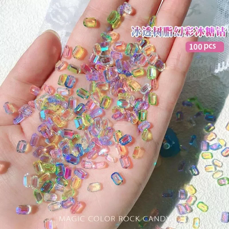 

100pcs Resin Crystal Aurora Octagonal Nail Jewels Rhinestones for Nails Art Decorations with All Nail Gems For Women Girls