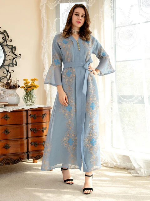 Kaftan Morocco Fashion 2023 Autumn Winter Embroidered Long Dress Muslim Abayat Casual Split Hem Ladies Dresses With Belt