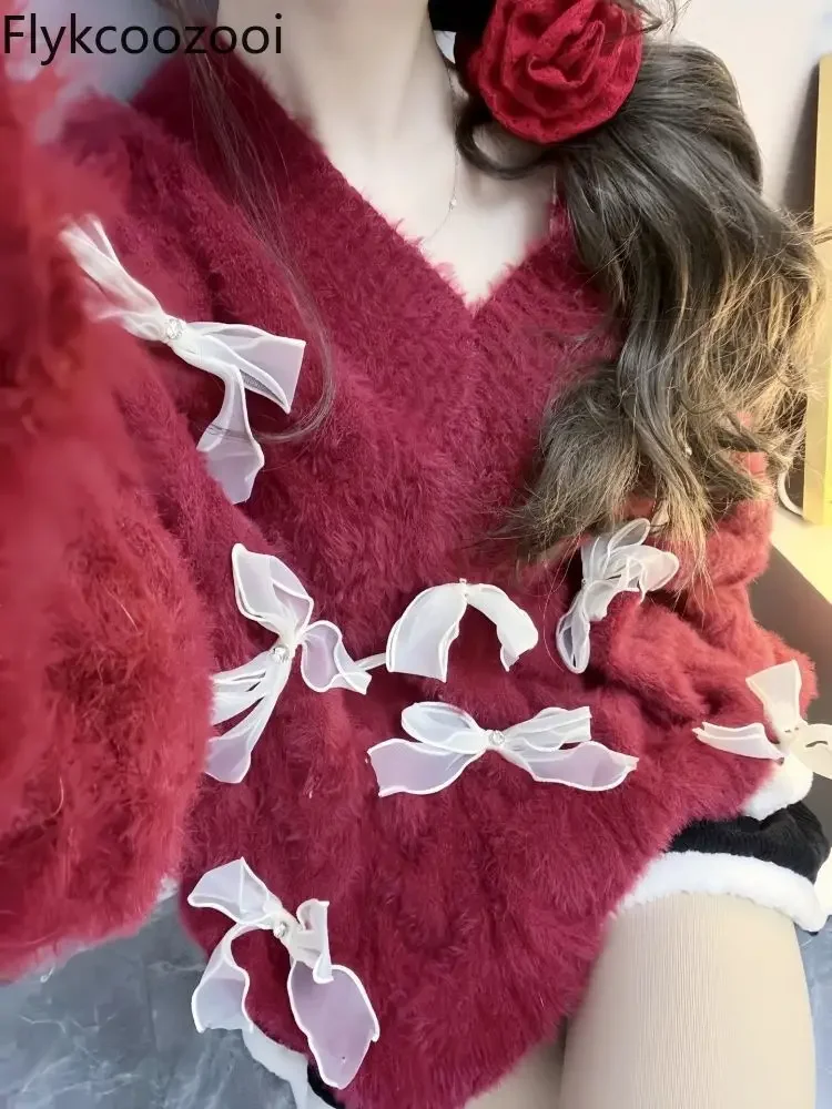 Женский трикотажный Свитер с бантом свободный оригинальный большого размера для