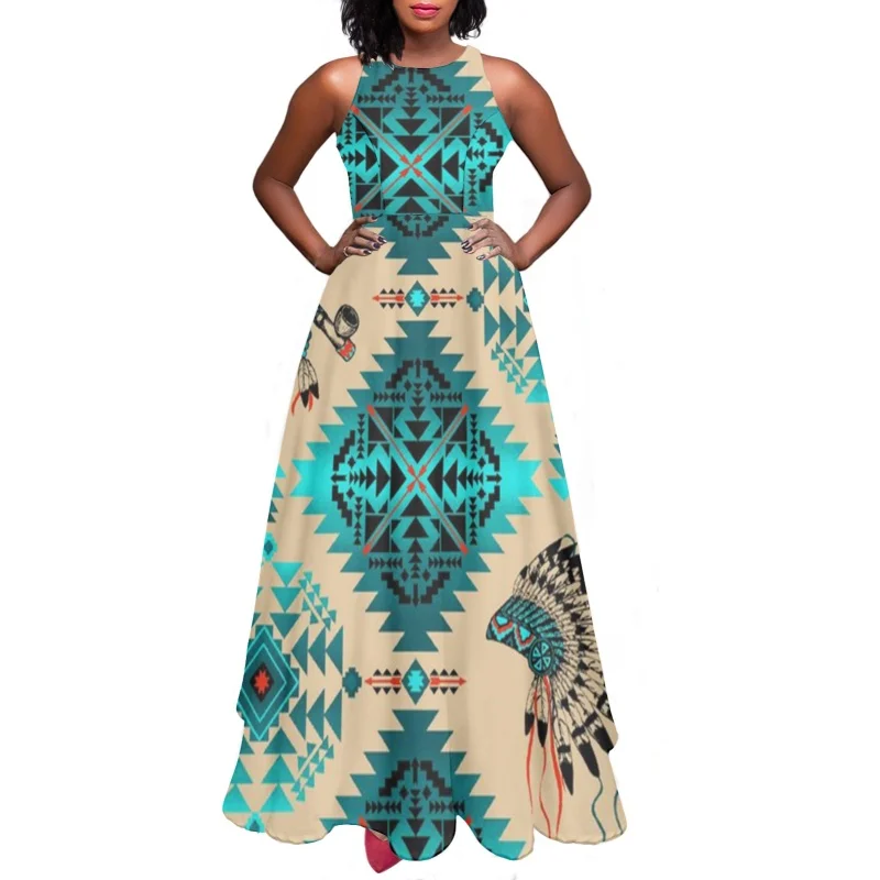 

Holiday Tribal Pattern Women Long Prom Sundress All-match Flare Camis Dress for Ladies Summer Elegant Vestidos Largos Streetwear