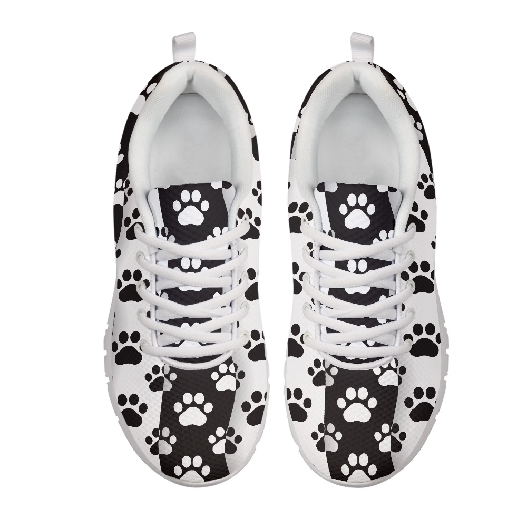 Yikeluo Fashion Black White Paw Printing Women's Sneakers Breathable Flat Shoes for Female Casual Lace Up Walk Shoes Lightweight