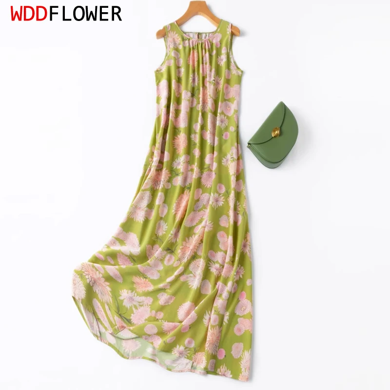 Women Silk Tank Dress 100% Mulberry Silk 16 Momme Long Type Green Floral Printed Sleeveless Vest Dress Midi Dress MM955