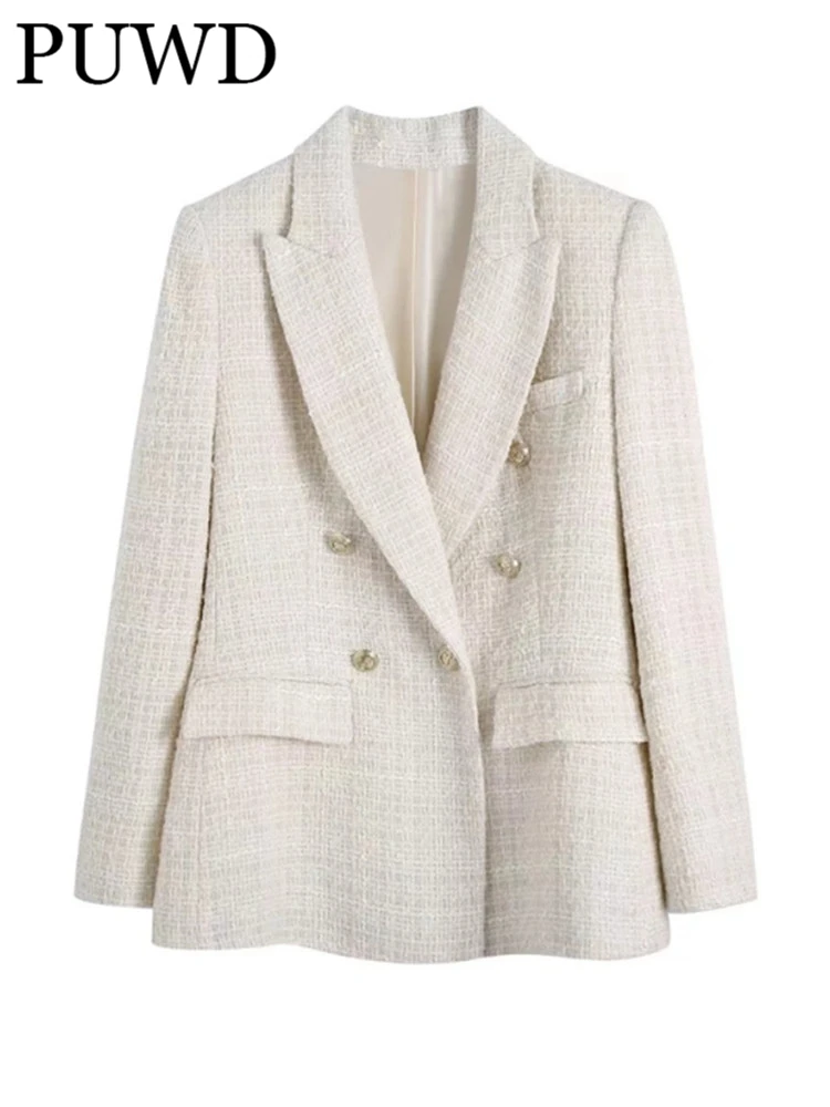 

PUWD Women V Neck Double Breasted Straight Blazer 2022 Spring Fashion Ladies High Street Casual Blazer Female Texture Blazer