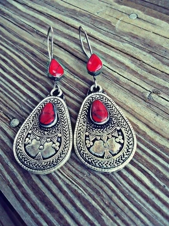 

Vintage Red StoneHook Earrings Women Wedding Engagement Fine Jewelry