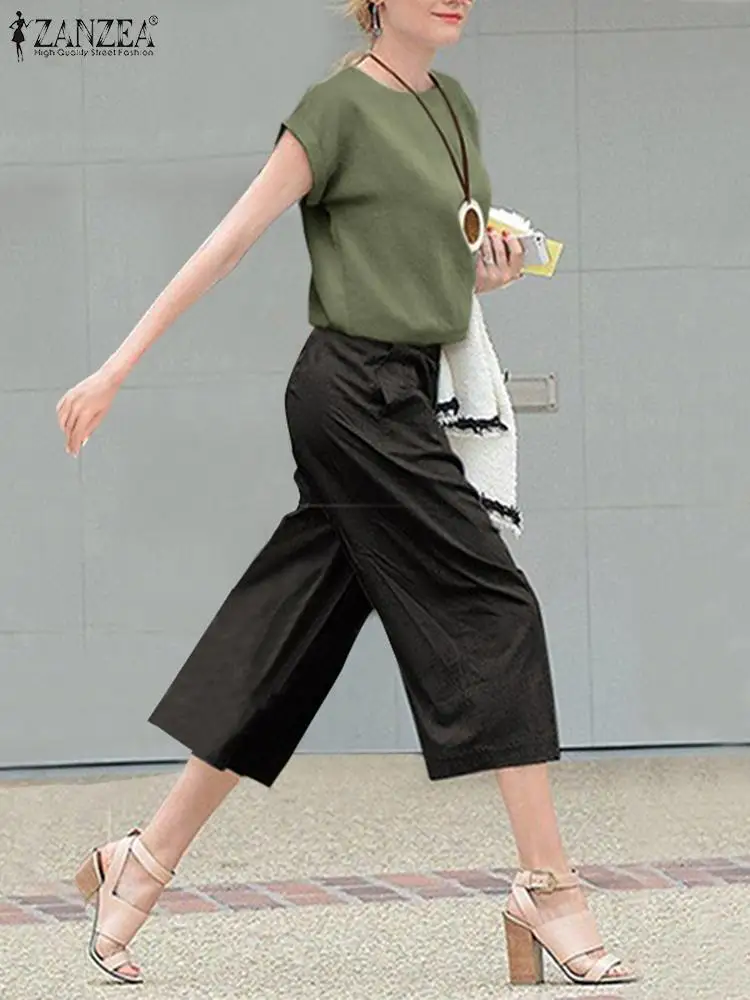 

Женская винтажная офисная блузка ZANZEA, летние женские свободные хлопковые однотонные Топы с коротким рукавом и круглым вырезом, повседневны...