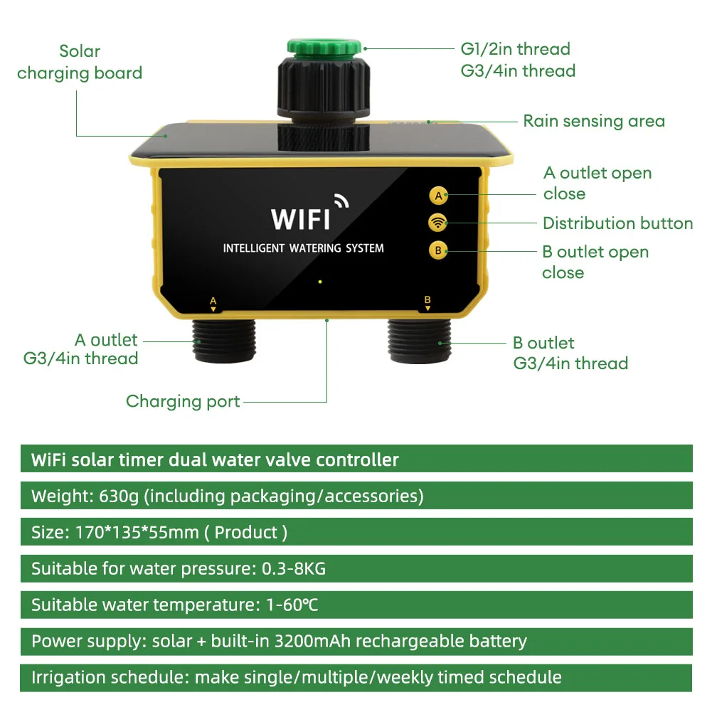 Двухзонный Wi-Fi солнечный таймер орошения Smart APP управление автоматическая