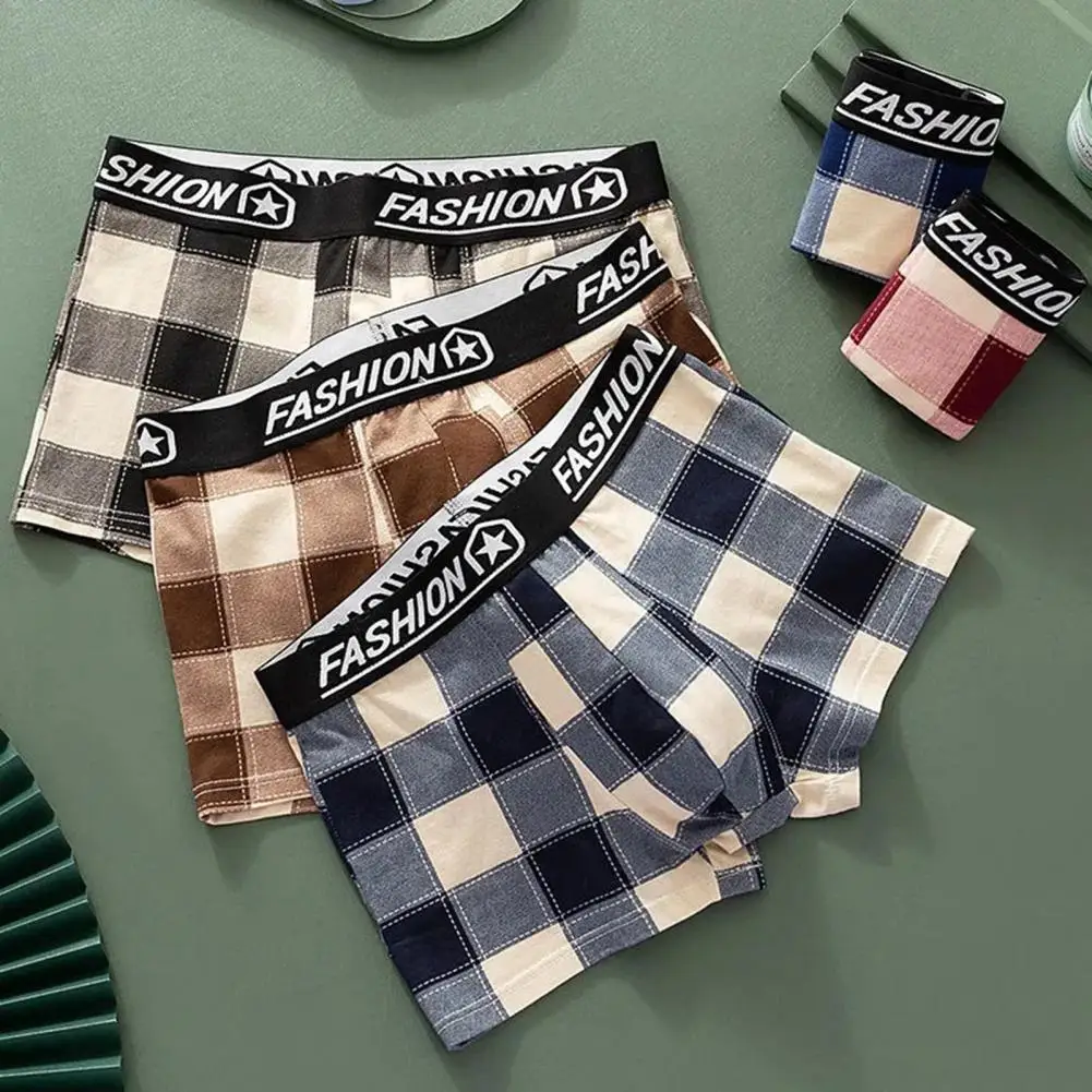 Men Boxers U Convex Plaid Print Contrast Color Underwear Breathable Anti-septic Casual Mid Waist Men Underpants for Inner Wear