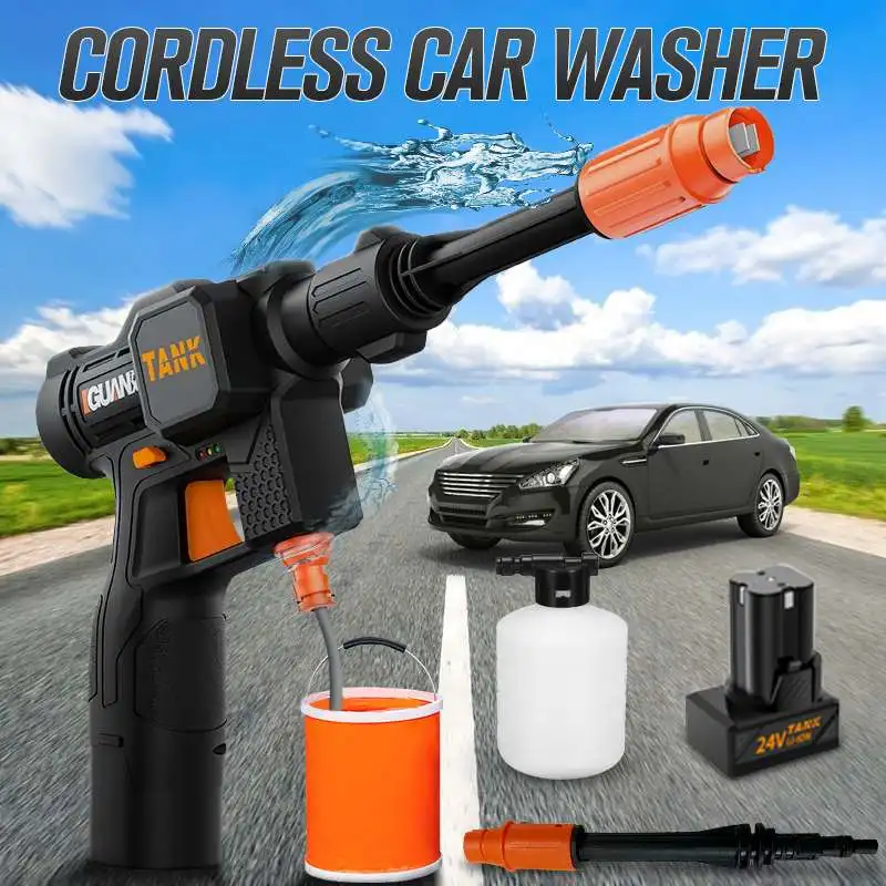 

12000mAh 24V 500W 48 Bar 696PSI 4.8MPa High Pressure Car Washer Water Gun Cordless Protable Car Wash Spray Foam Rechargeable Set