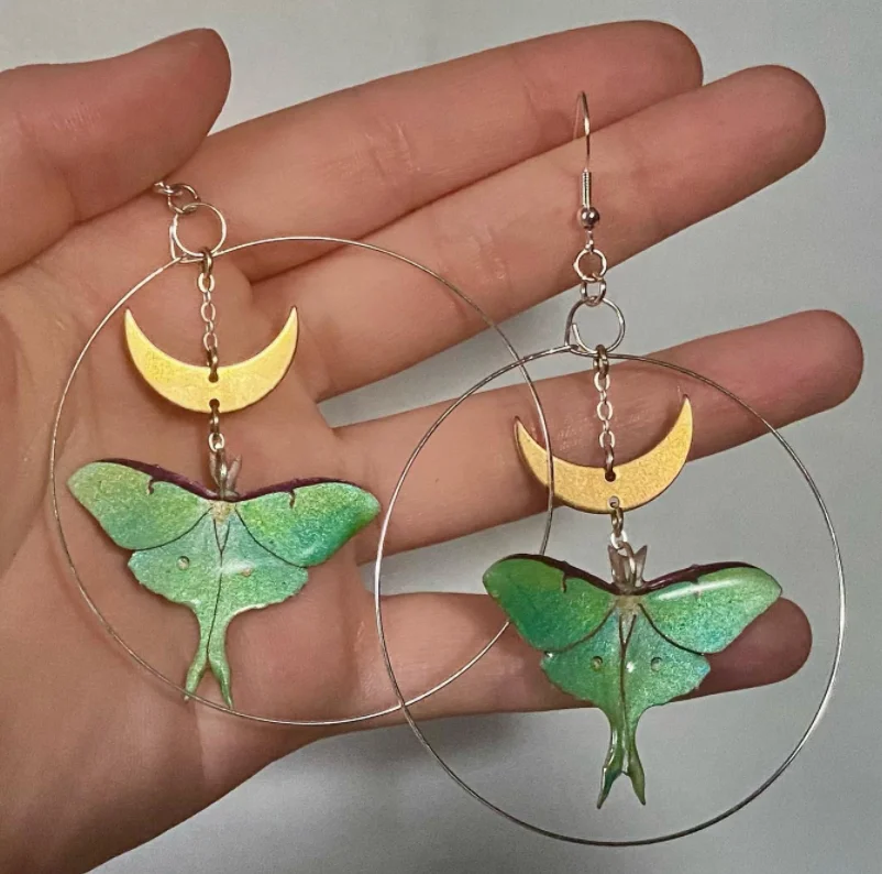 

Moth and moon hoop earrings, Hypoallergenic, Wanderlust Jewelry