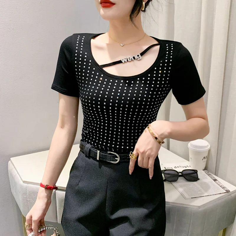 #5552 футболка с коротким рукавом женская сексуальная клубная Футболка со стразами