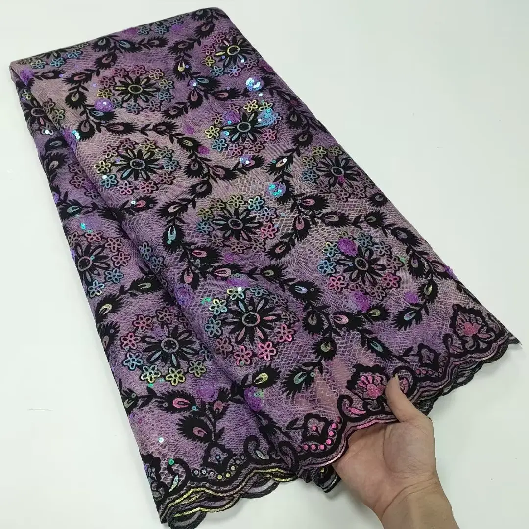 

2023High Quality African Nigerian Lace Fabric Embroidery Tulle Pure Wedding Party Dress SequinsFor Sewing Net Cloth Beads 5Yards